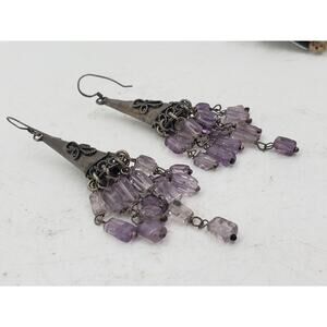 Vintage Silver Amethyst Earrings Chandelier Long Dangle Ethnic Tribal Movement